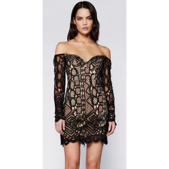 BARDOT Women's Zendaya Mini Lace Dress Large Black Nude Off Shoulder NWT - Picture 1 of 13